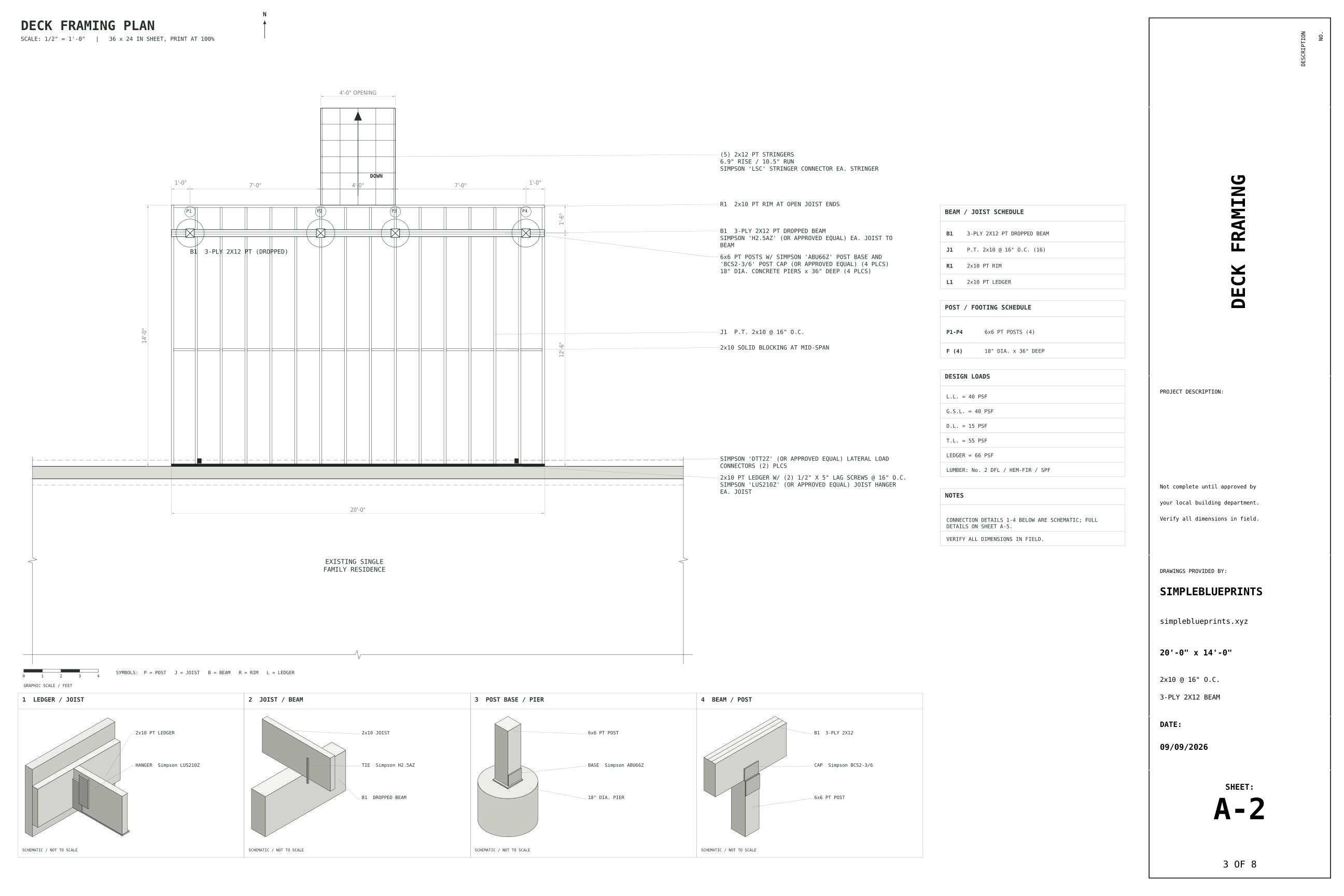 Sheet A-2, Deck framing, from the 14x20 Deck Plans permit set