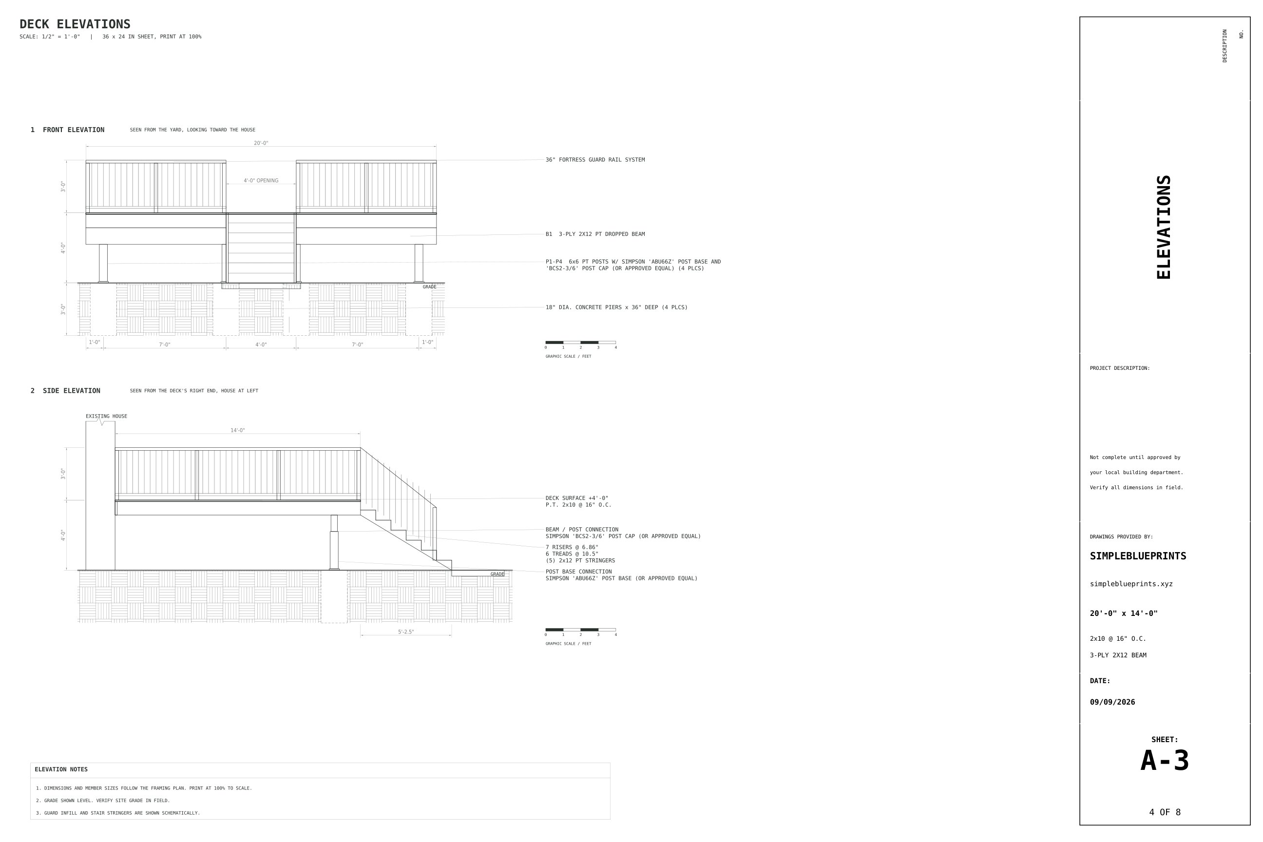 Sheet A-3, Elevations, from the 14x20 Deck Plans permit set