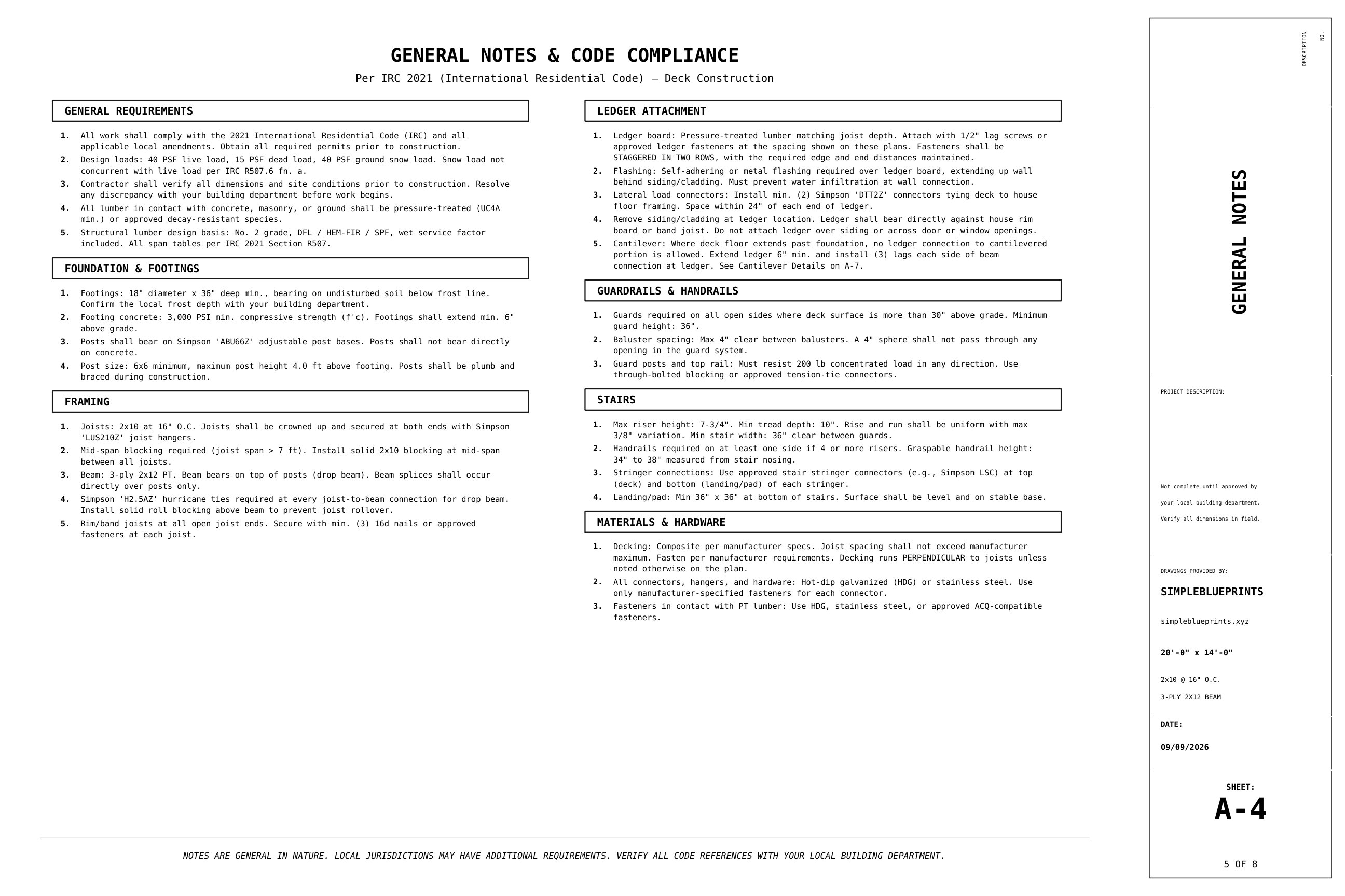 Sheet A-4, General notes, from the 14x20 Deck Plans permit set