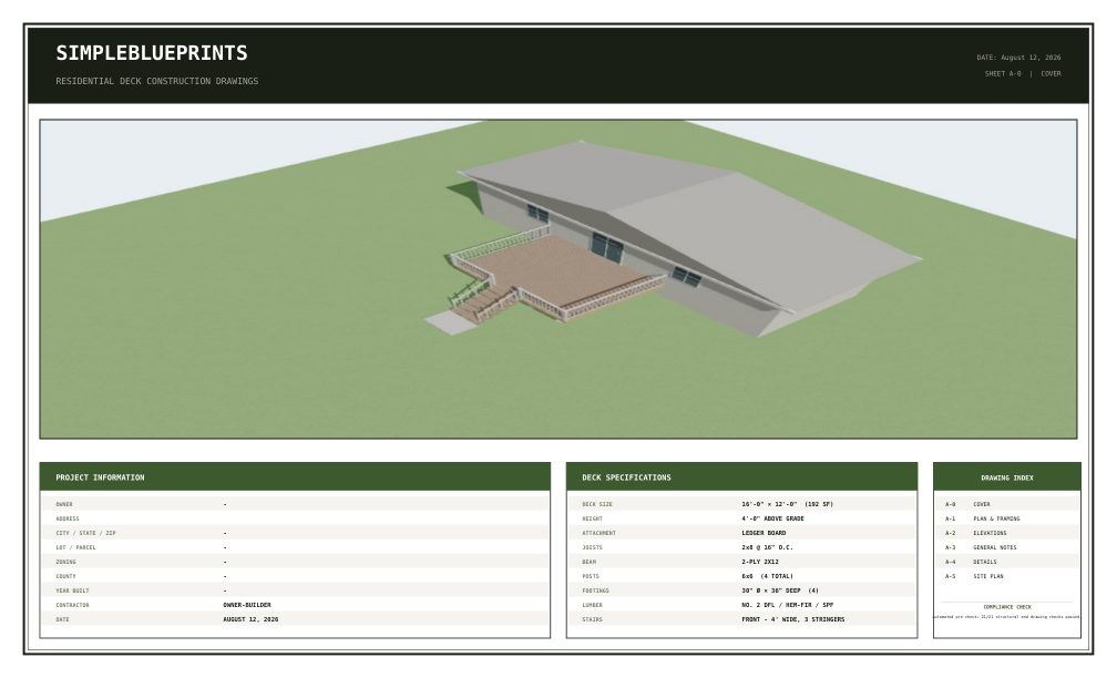 Sheet A-0, Cover sheet, from the 16x12 Deck Plans With Front Stairs permit set