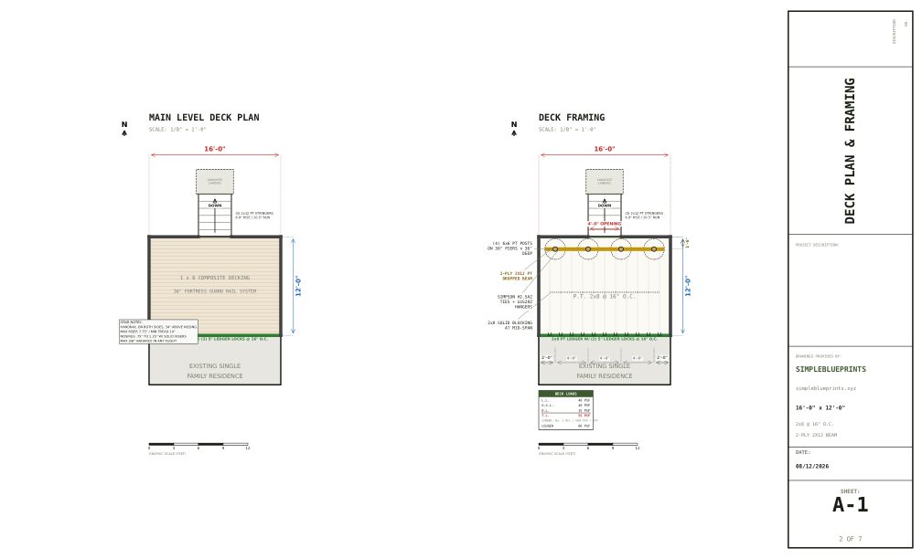 Sheet A-1, Deck plan and framing, from the 16x12 Deck Plans With Front Stairs permit set