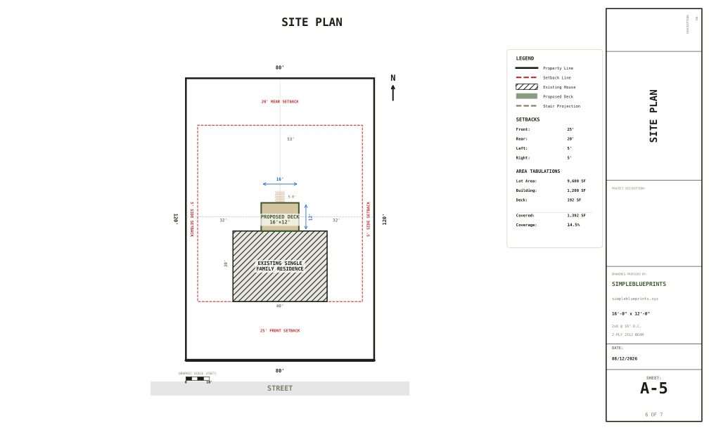 Sheet A-5, Site plan, from the 16x12 Deck Plans With Front Stairs permit set