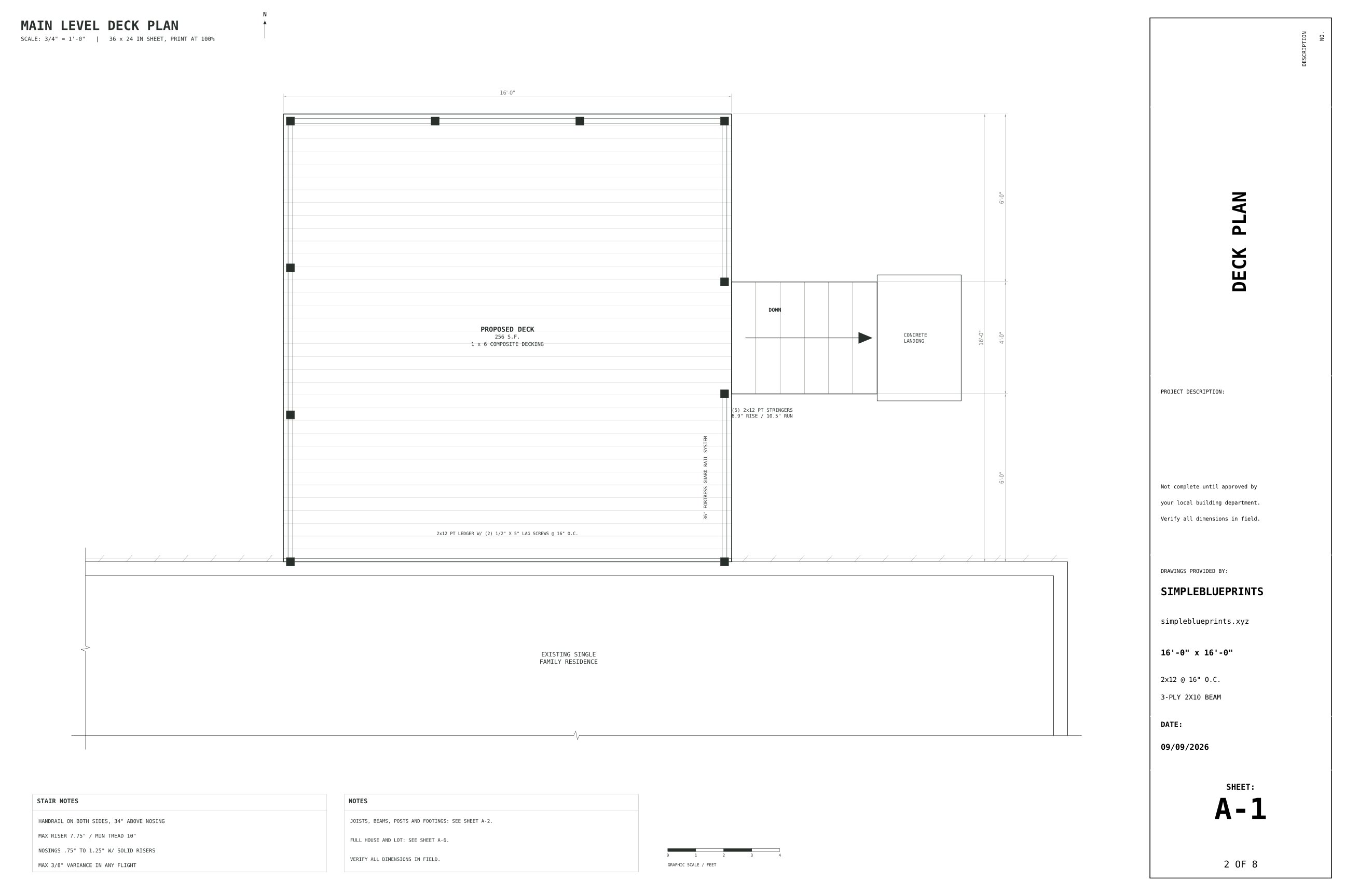 Sheet A-1, Deck plan, from the 16x16 Deck Plans permit set