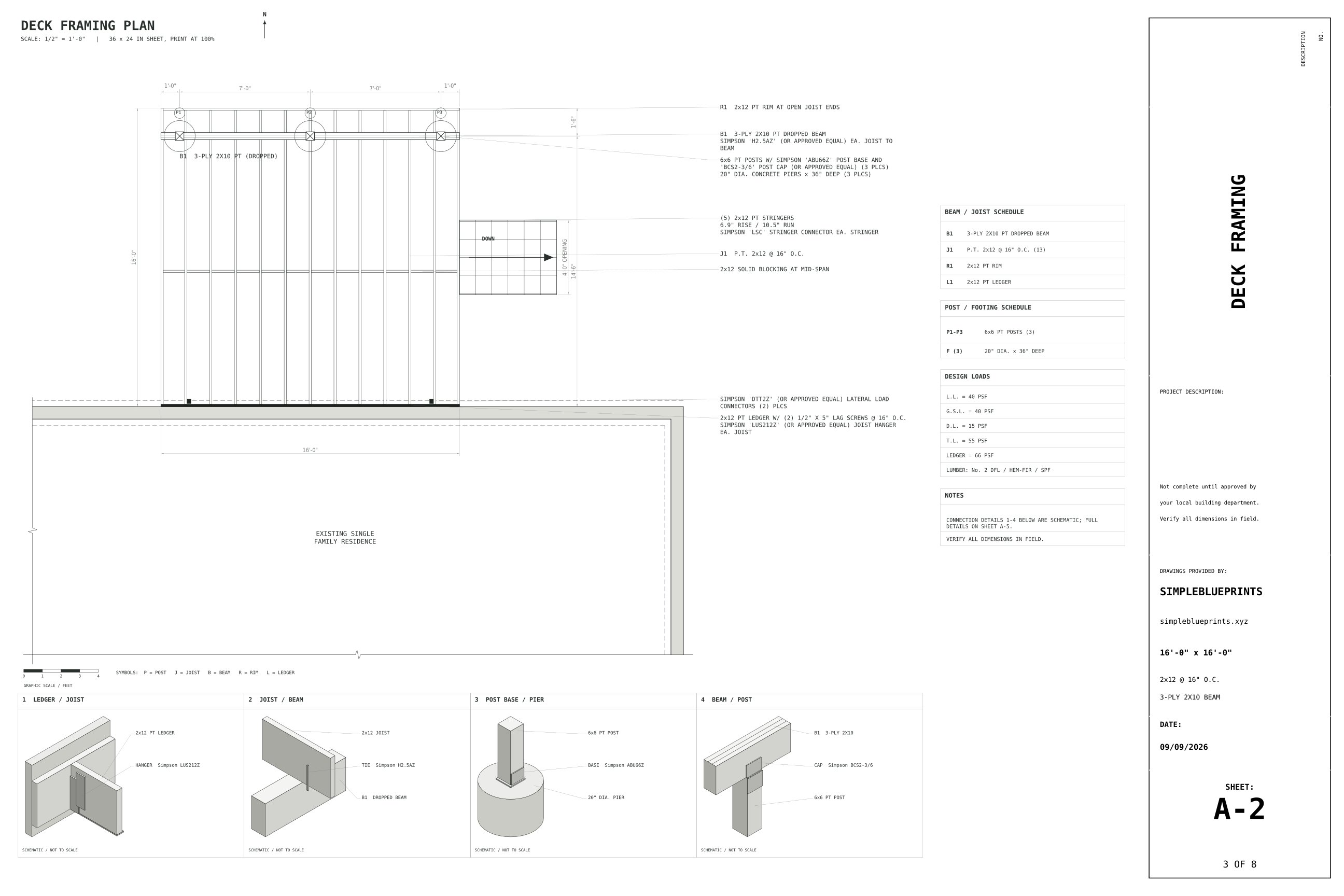 Sheet A-2, Deck framing, from the 16x16 Deck Plans permit set