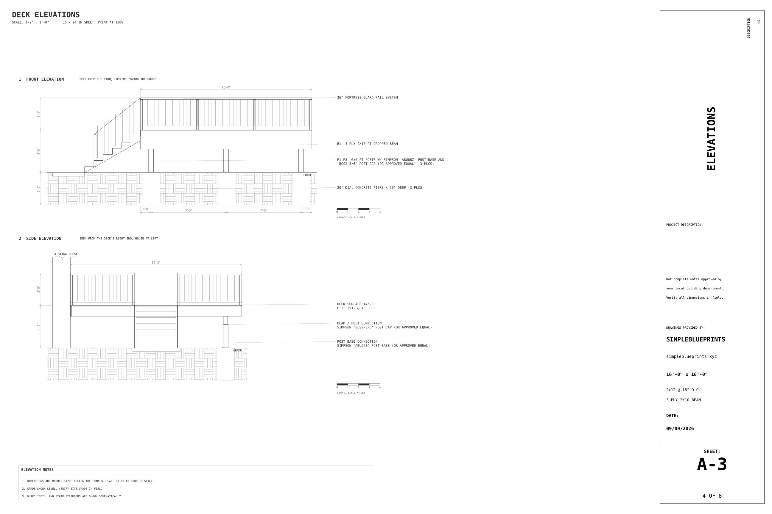 Sheet A-3, Elevations, from the 16x16 Deck Plans permit set