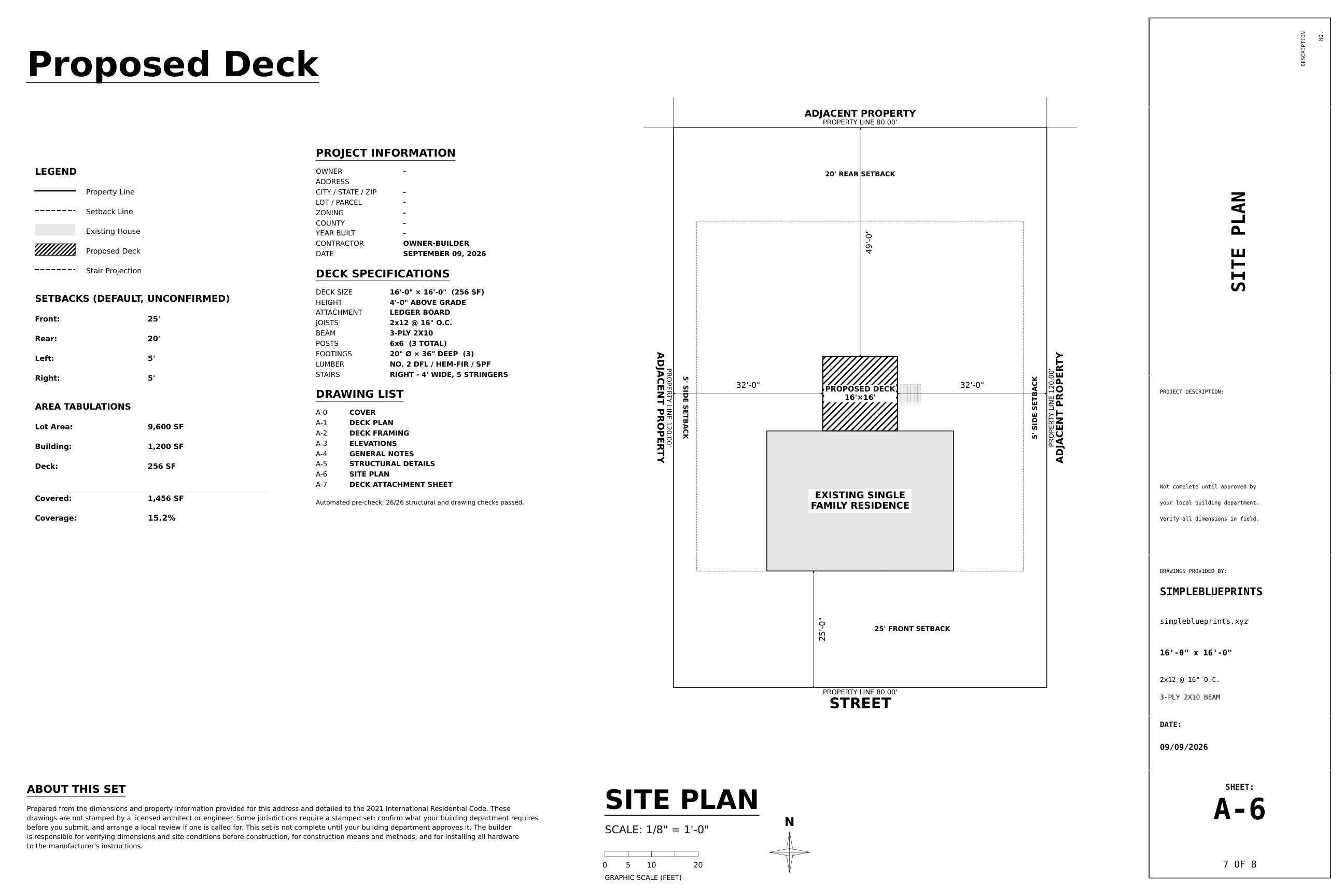 Sheet A-6, Site plan, from the 16x16 Deck Plans permit set