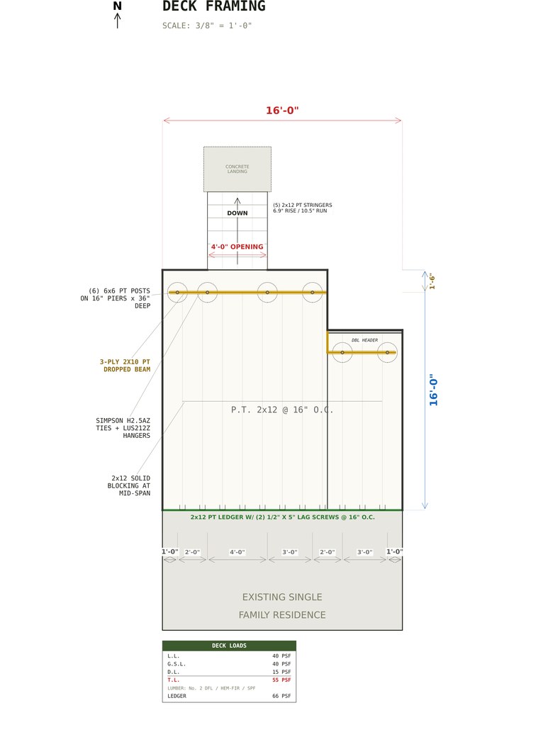Deck framing plan for the 16x16 Deck Plans With A Recessed Bay set