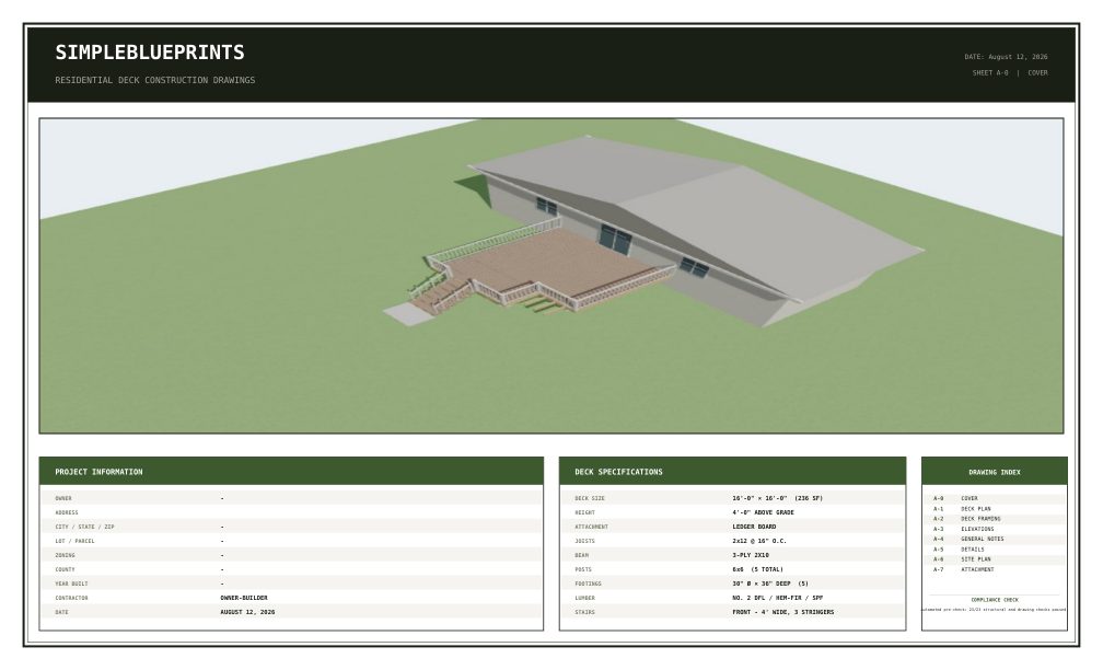 Sheet A-0, Cover sheet, from the 16x16 Deck Plans With A Recessed Bay permit set