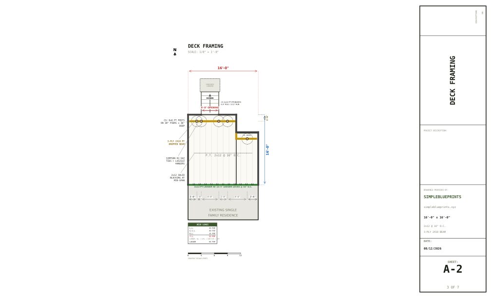 Sheet A-2, Deck framing, from the 16x16 Deck Plans With A Recessed Bay permit set