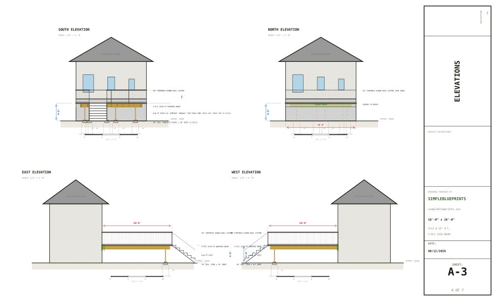 Sheet A-3, Elevations, from the 16x16 Deck Plans With A Recessed Bay permit set