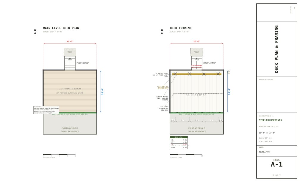 Sheet A-1, Deck plan and framing, from the 16x20 Deck Plans permit set