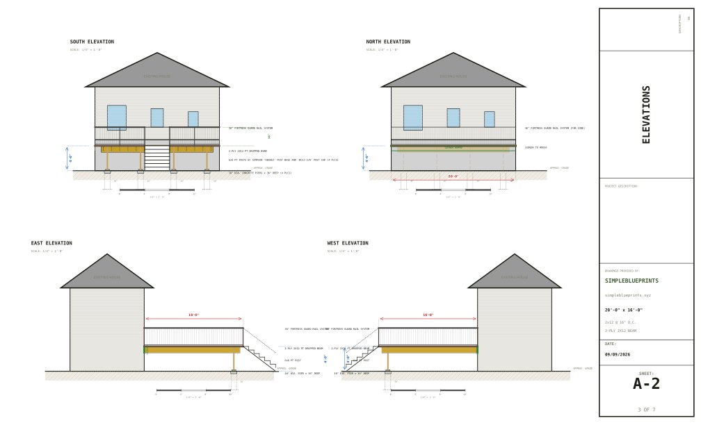 Sheet A-2, Elevations, from the 16x20 Deck Plans permit set