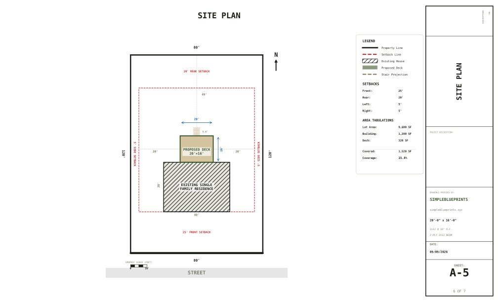 Sheet A-5, Site plan, from the 16x20 Deck Plans permit set