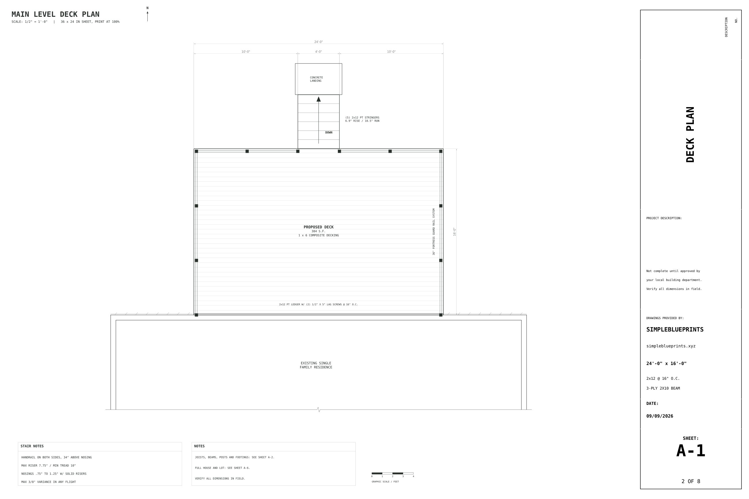 Sheet A-1, Deck plan, from the 16x24 Deck Plans permit set