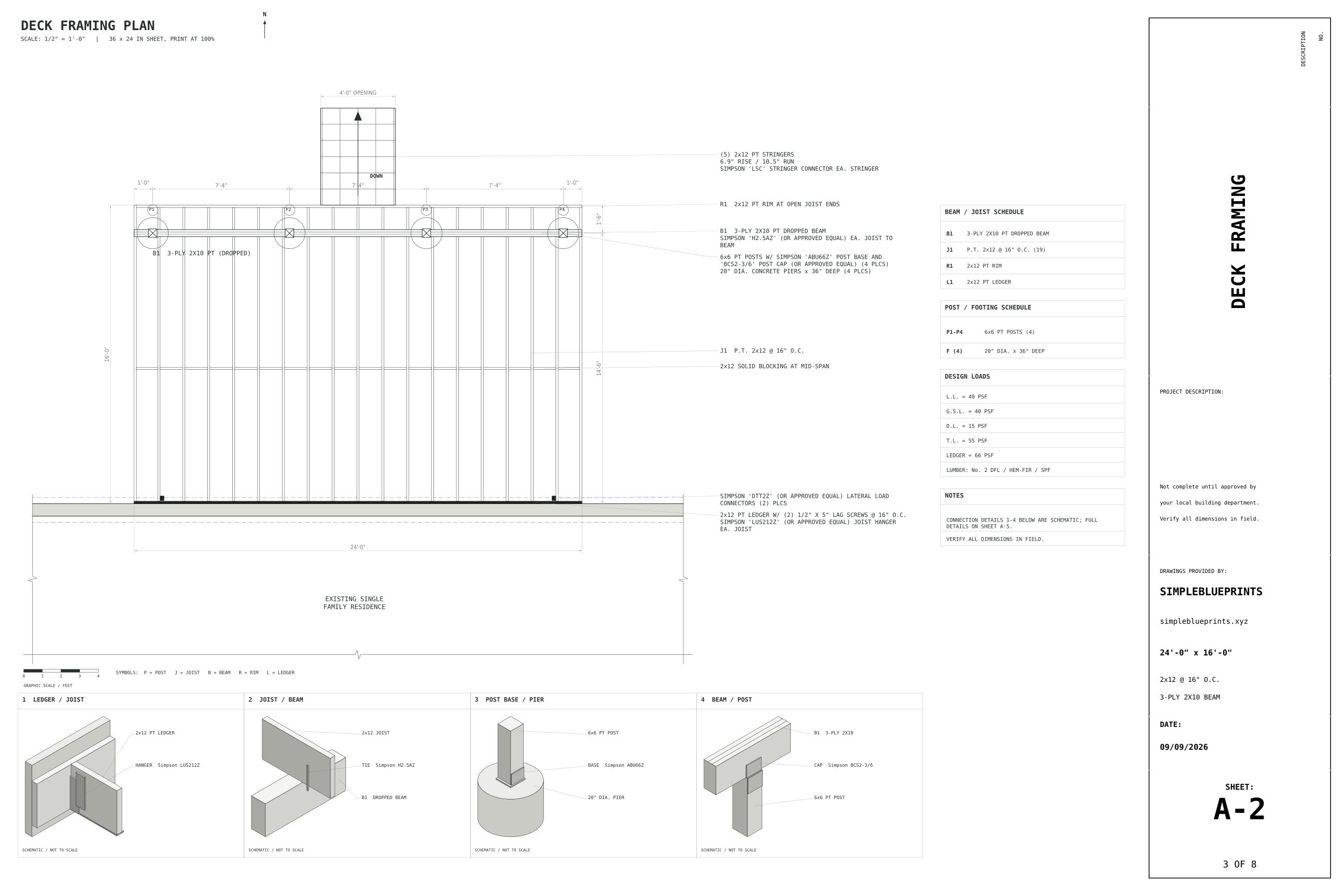 Sheet A-2, Deck framing, from the 16x24 Deck Plans permit set