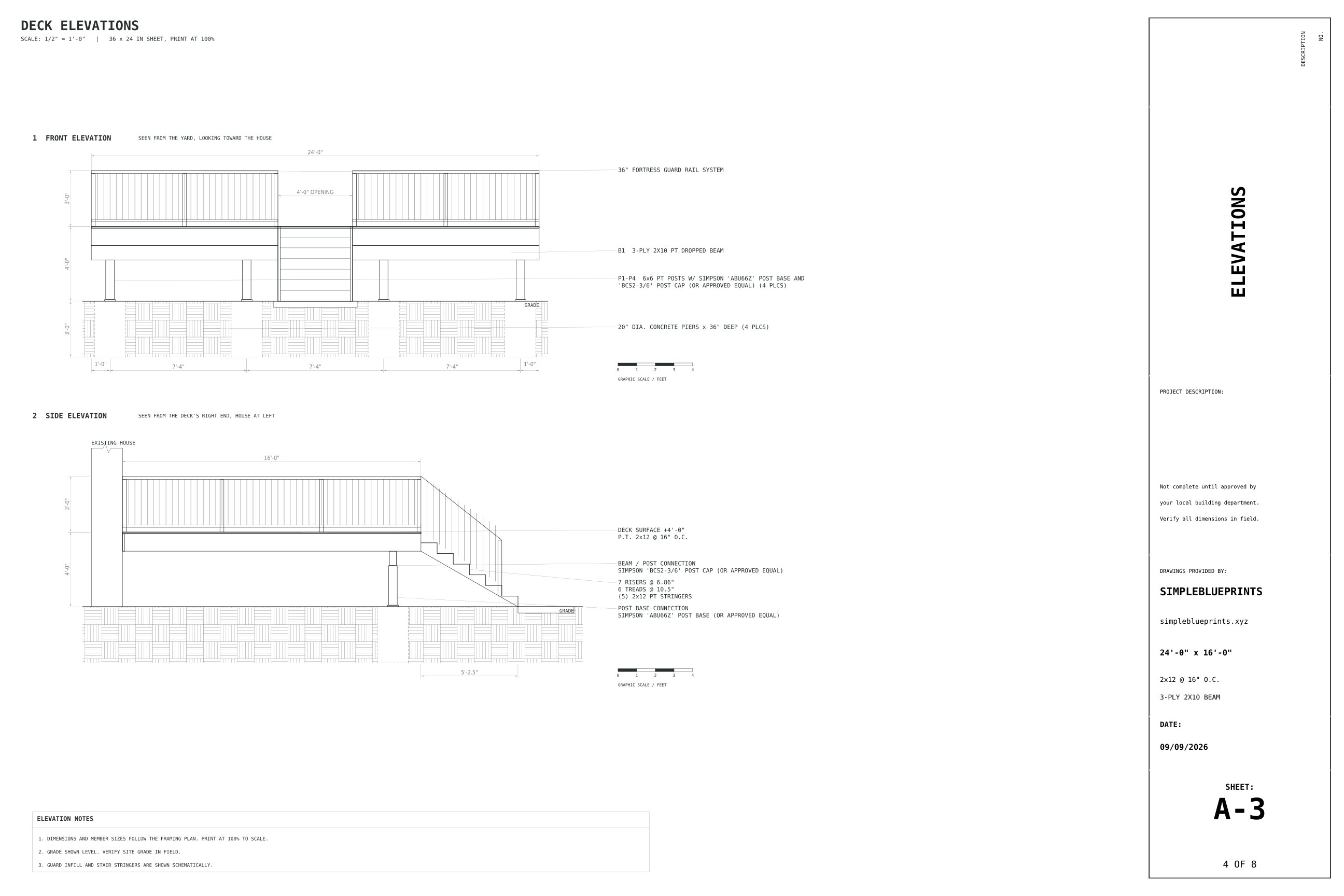 Sheet A-3, Elevations, from the 16x24 Deck Plans permit set