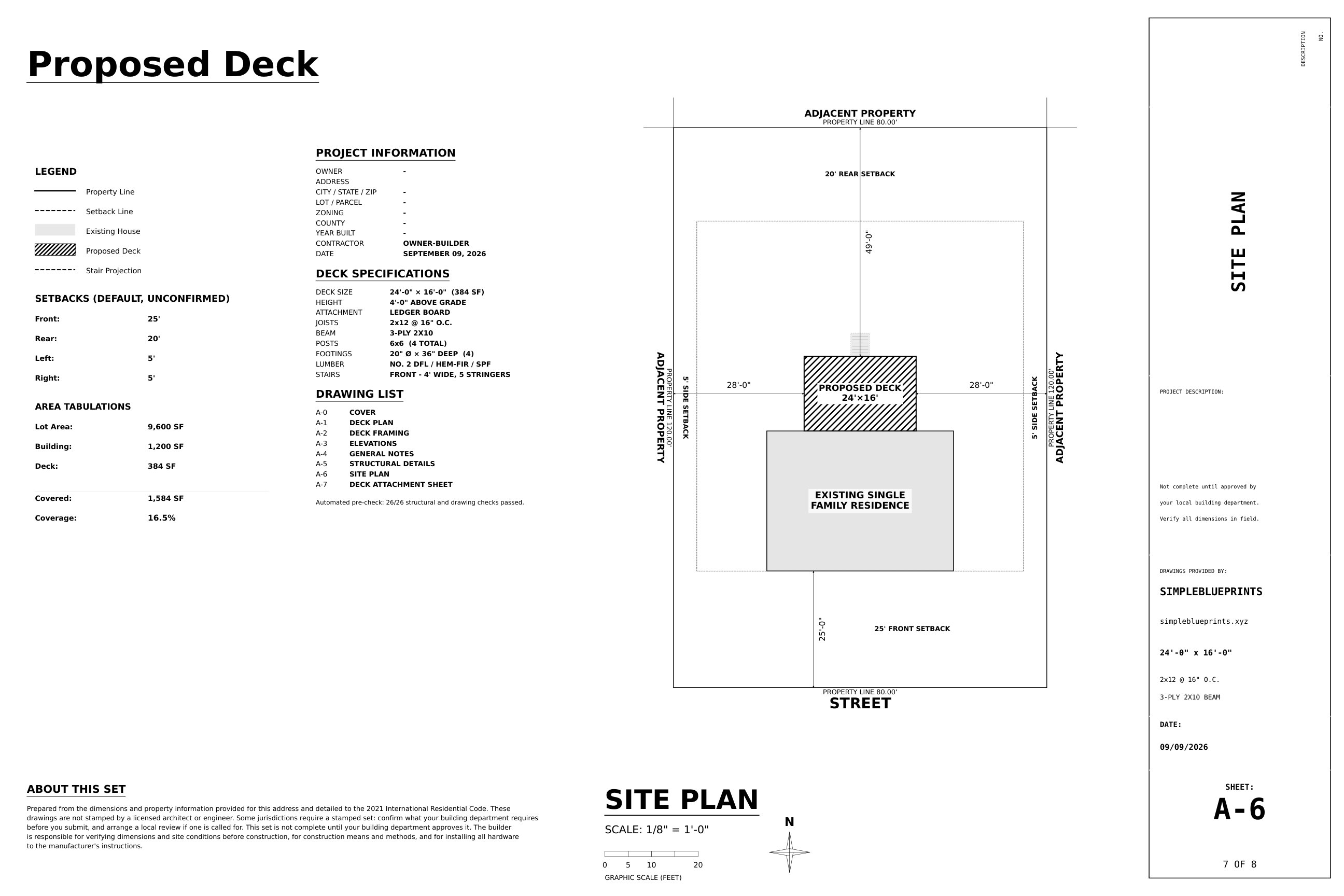 Sheet A-6, Site plan, from the 16x24 Deck Plans permit set