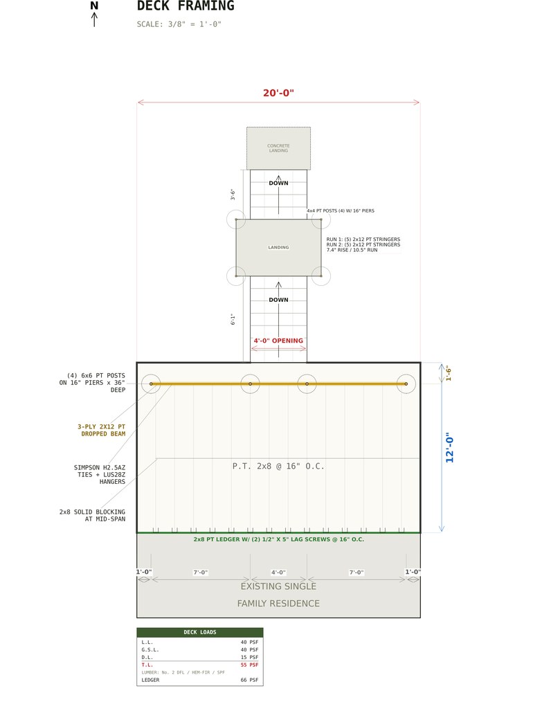 Deck framing plan for the 20x12 Walkout Deck Plans set