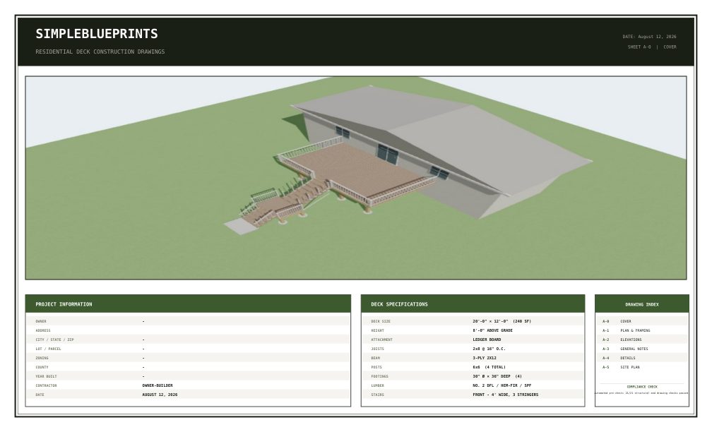 Sheet A-0, Cover sheet, from the 20x12 Walkout Deck Plans permit set