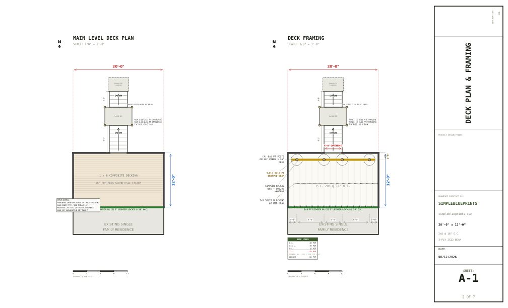 Sheet A-1, Deck plan and framing, from the 20x12 Walkout Deck Plans permit set