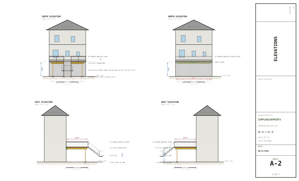 Sheet A-2, Elevations, from the 20x12 Walkout Deck Plans permit set