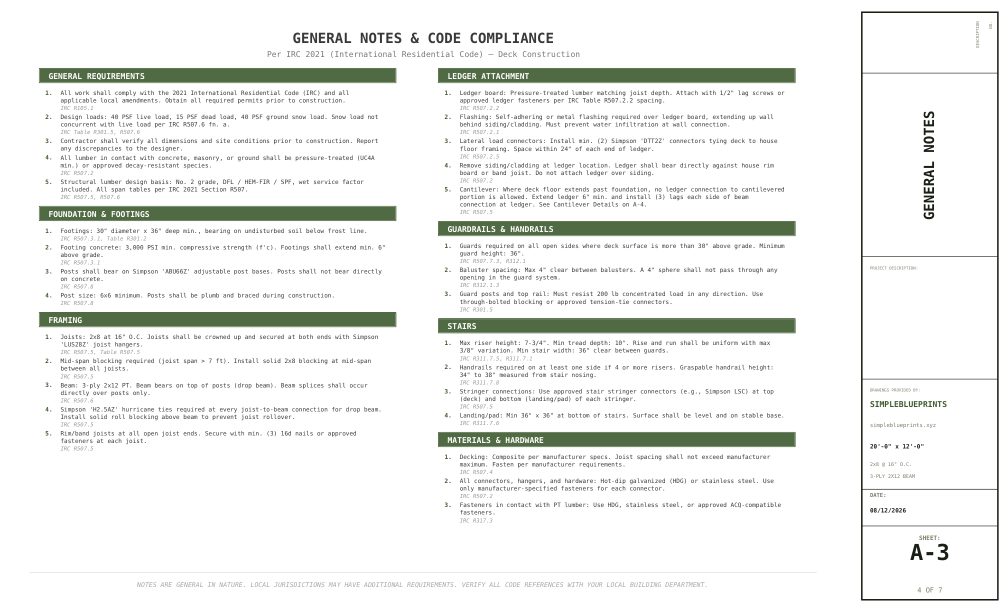 Sheet A-3, General notes, from the 20x12 Walkout Deck Plans permit set