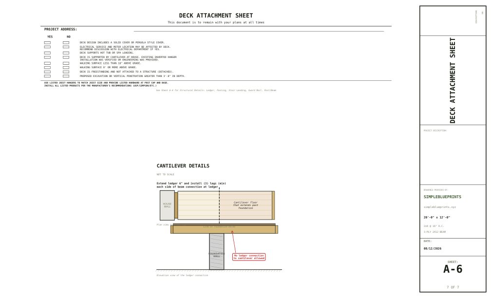 Sheet A-6, Attachment sheet, from the 20x12 Walkout Deck Plans permit set