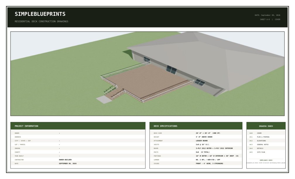 Sheet A-0, Cover sheet, from the 20x20 Deck Plans permit set