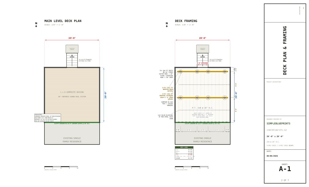 Sheet A-1, Deck plan and framing, from the 20x20 Deck Plans permit set