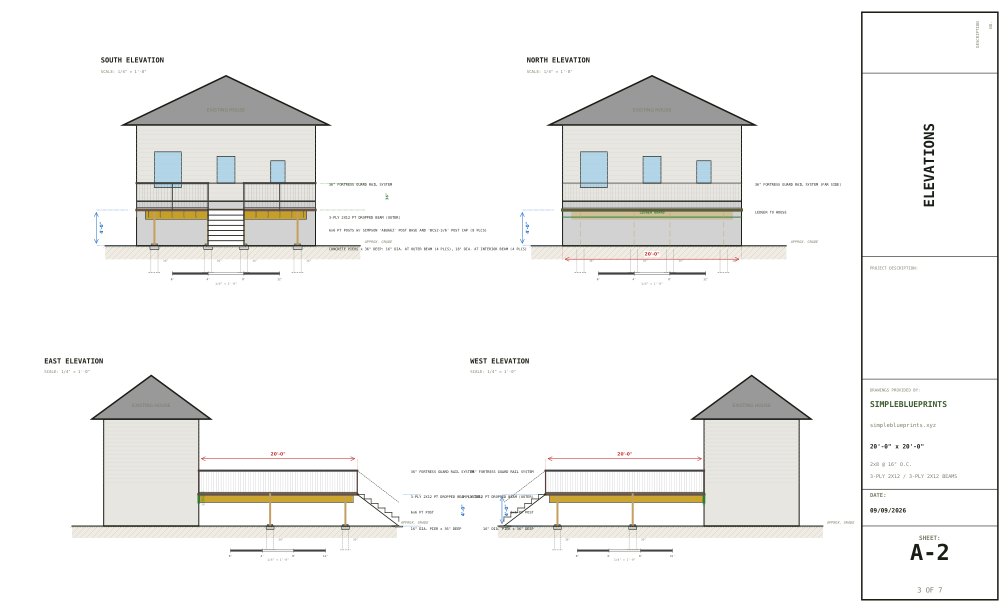 Sheet A-2, Elevations, from the 20x20 Deck Plans permit set