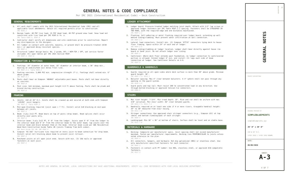 Sheet A-3, General notes, from the 20x20 Deck Plans permit set