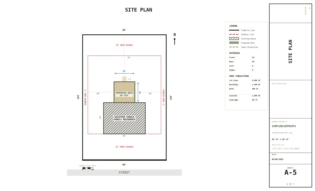 Sheet A-5, Site plan, from the 20x20 Deck Plans permit set
