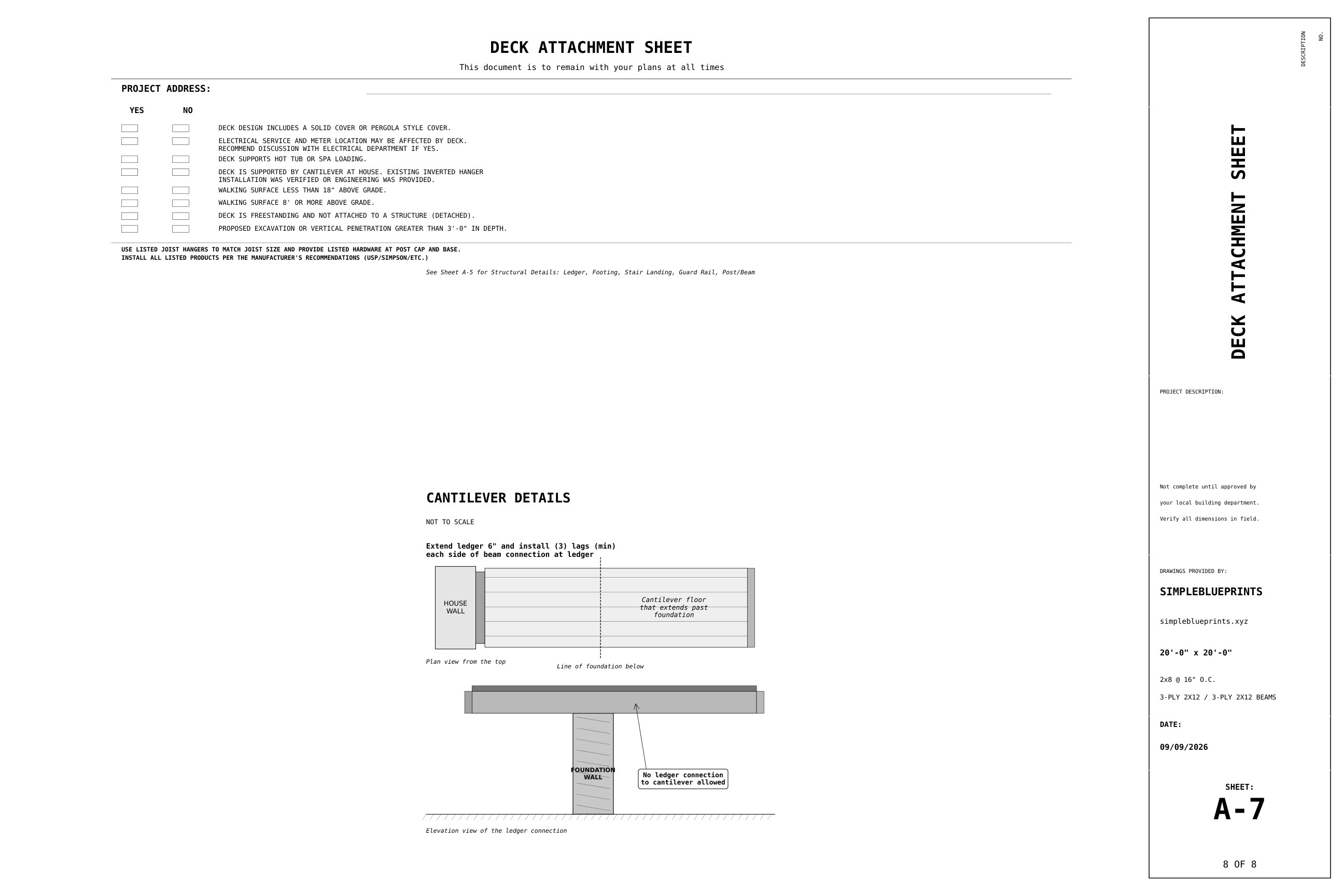 Sheet A-7, Attachment sheet, from the 20x20 Deck Plans permit set