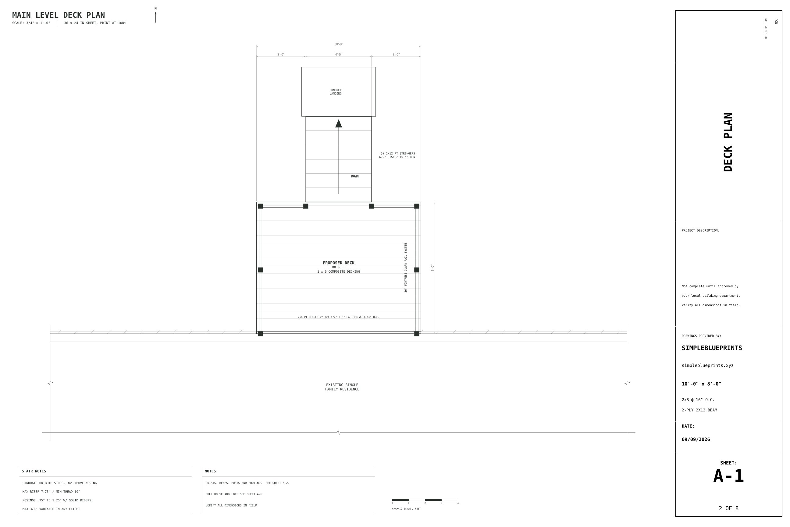 Sheet A-1, Deck plan, from the 8x10 Deck Plans permit set