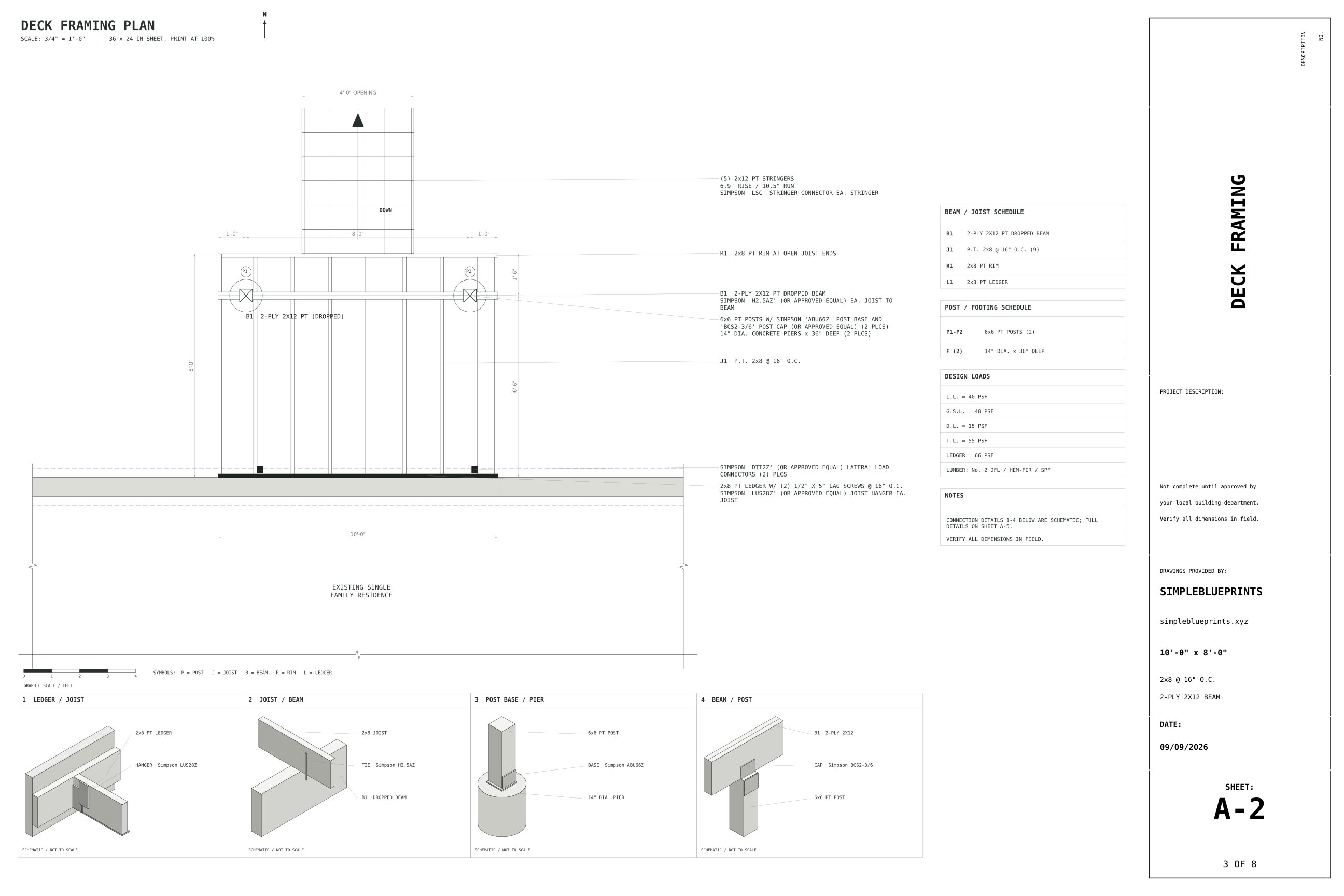Sheet A-2, Deck framing, from the 8x10 Deck Plans permit set