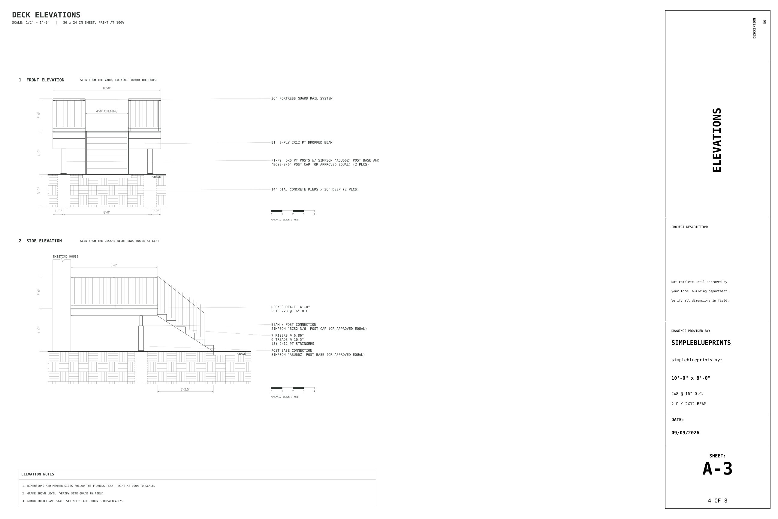 Sheet A-3, Elevations, from the 8x10 Deck Plans permit set