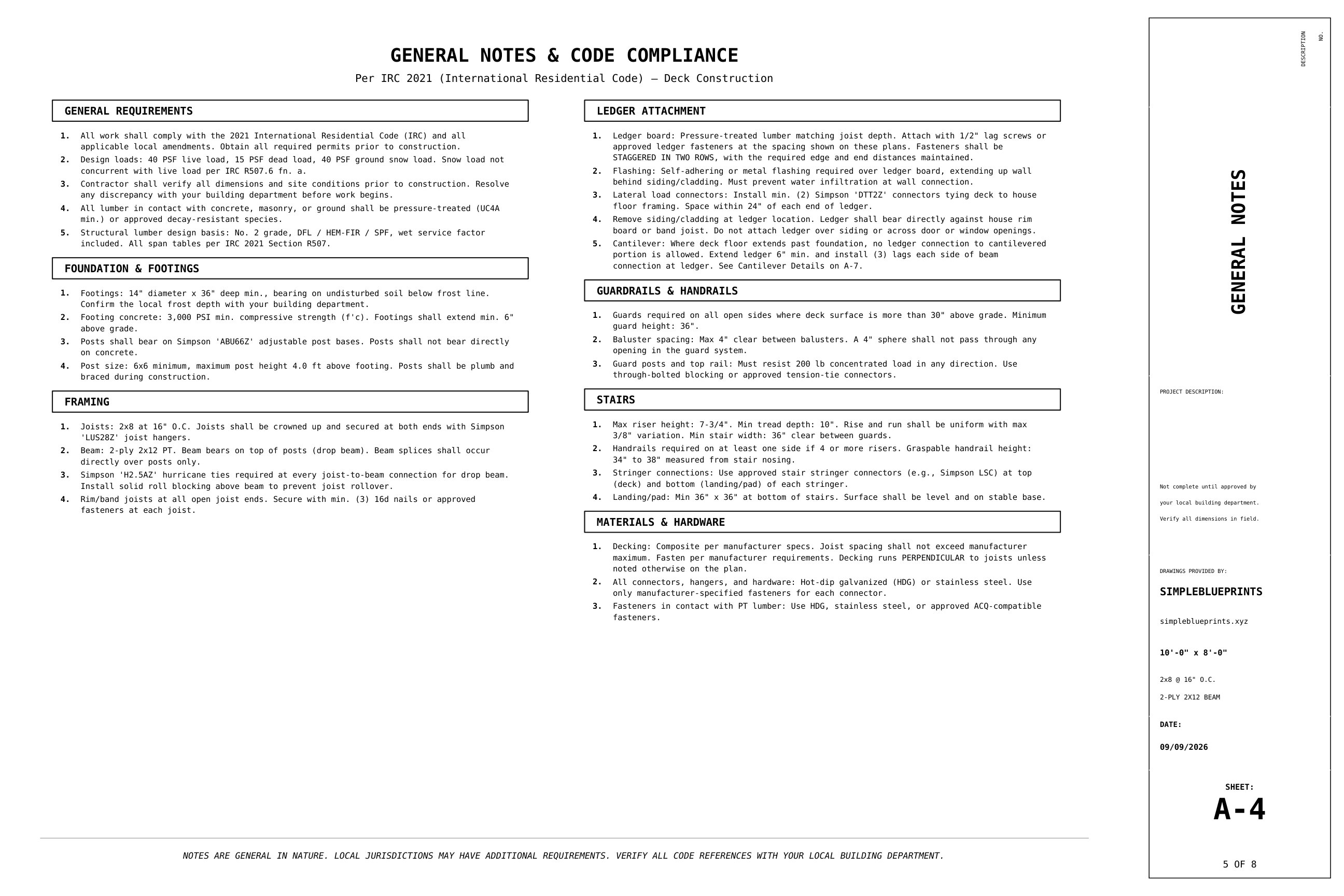 Sheet A-4, General notes, from the 8x10 Deck Plans permit set