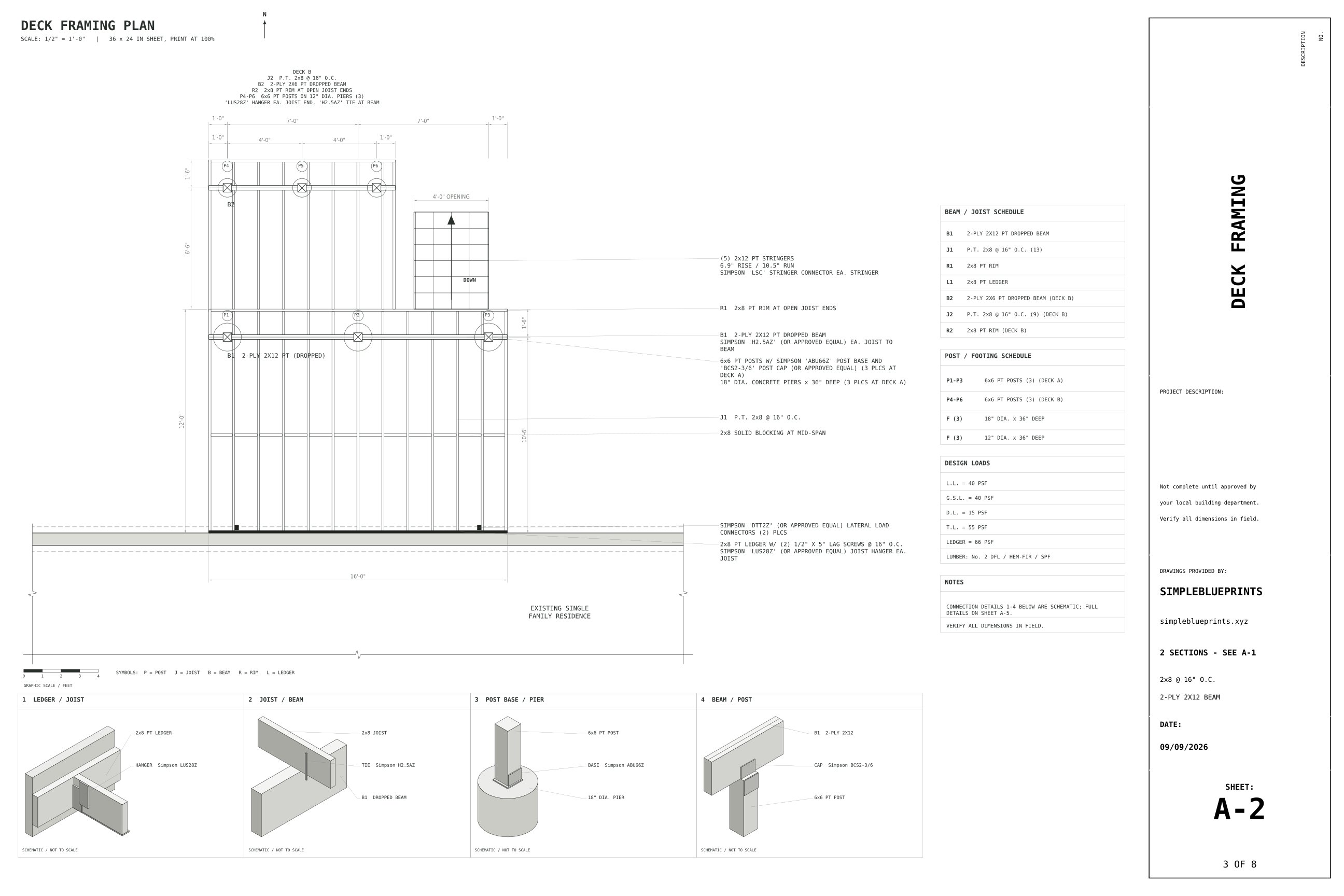Sheet A-2, Deck framing, from the L-Shaped Deck Plans permit set