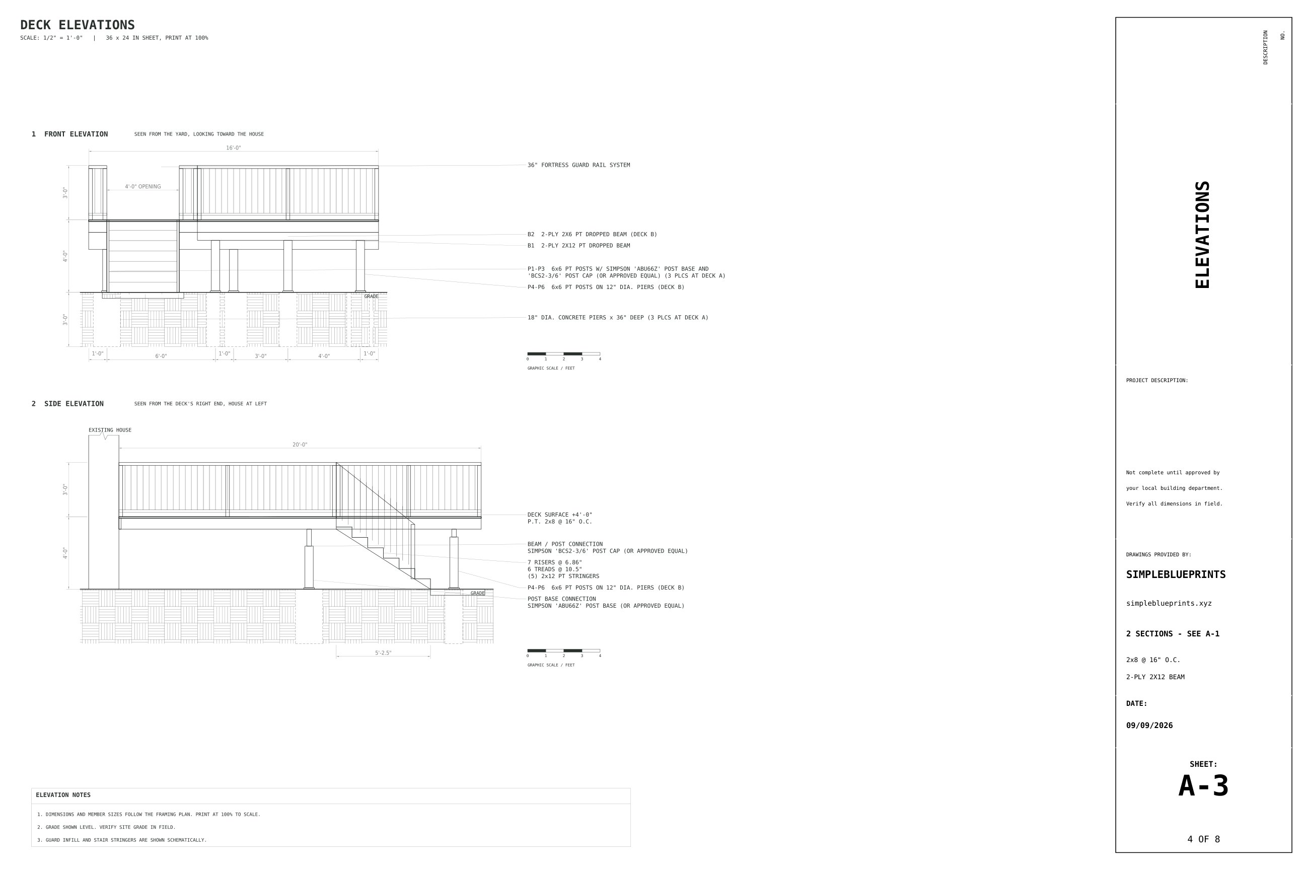 Sheet A-3, Elevations, from the L-Shaped Deck Plans permit set