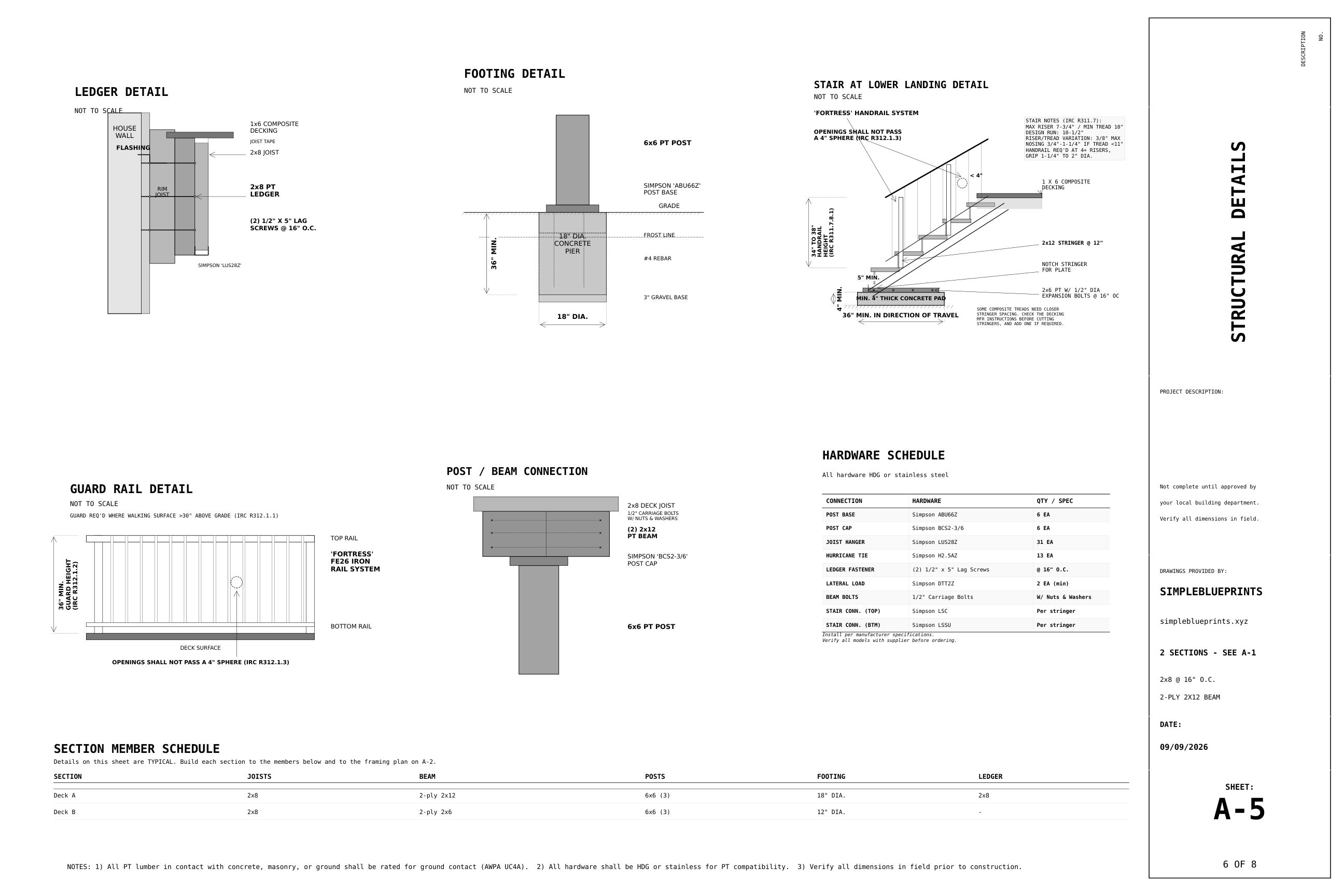 Sheet A-5, Structural details, from the L-Shaped Deck Plans permit set